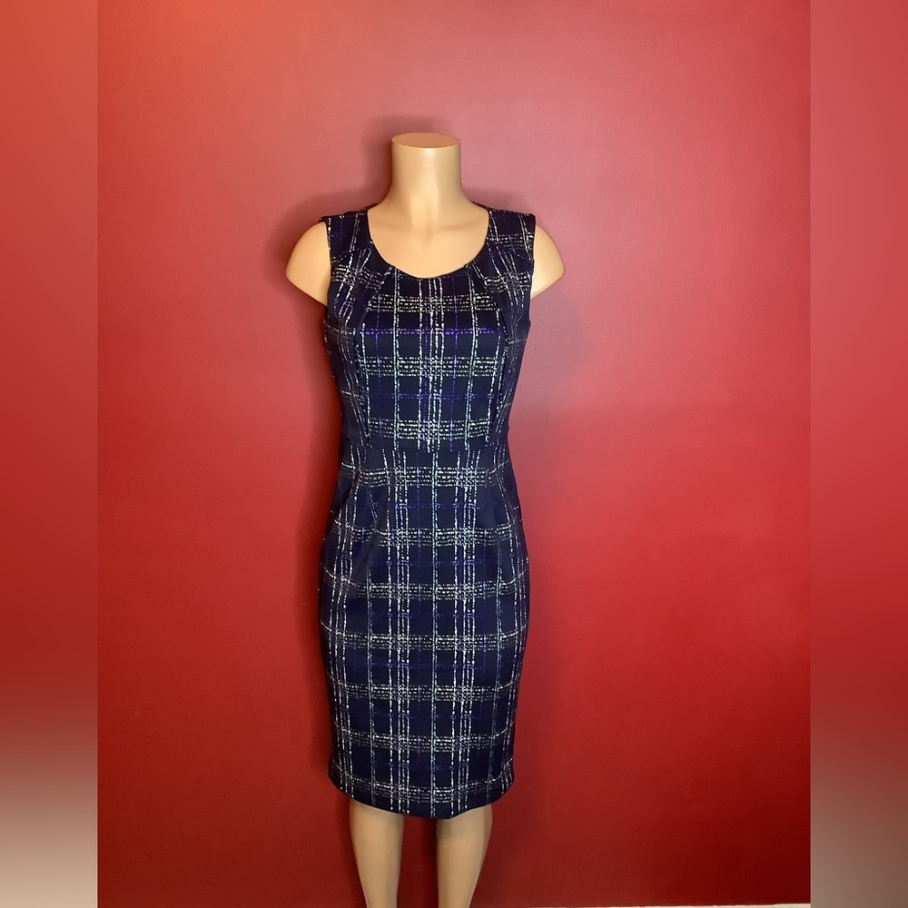 Navy blue multi-color dress.